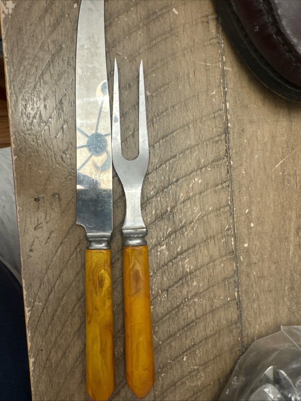 Yellow Marbled Carving Knife and Fork Set - Comfortable Grip bakealite